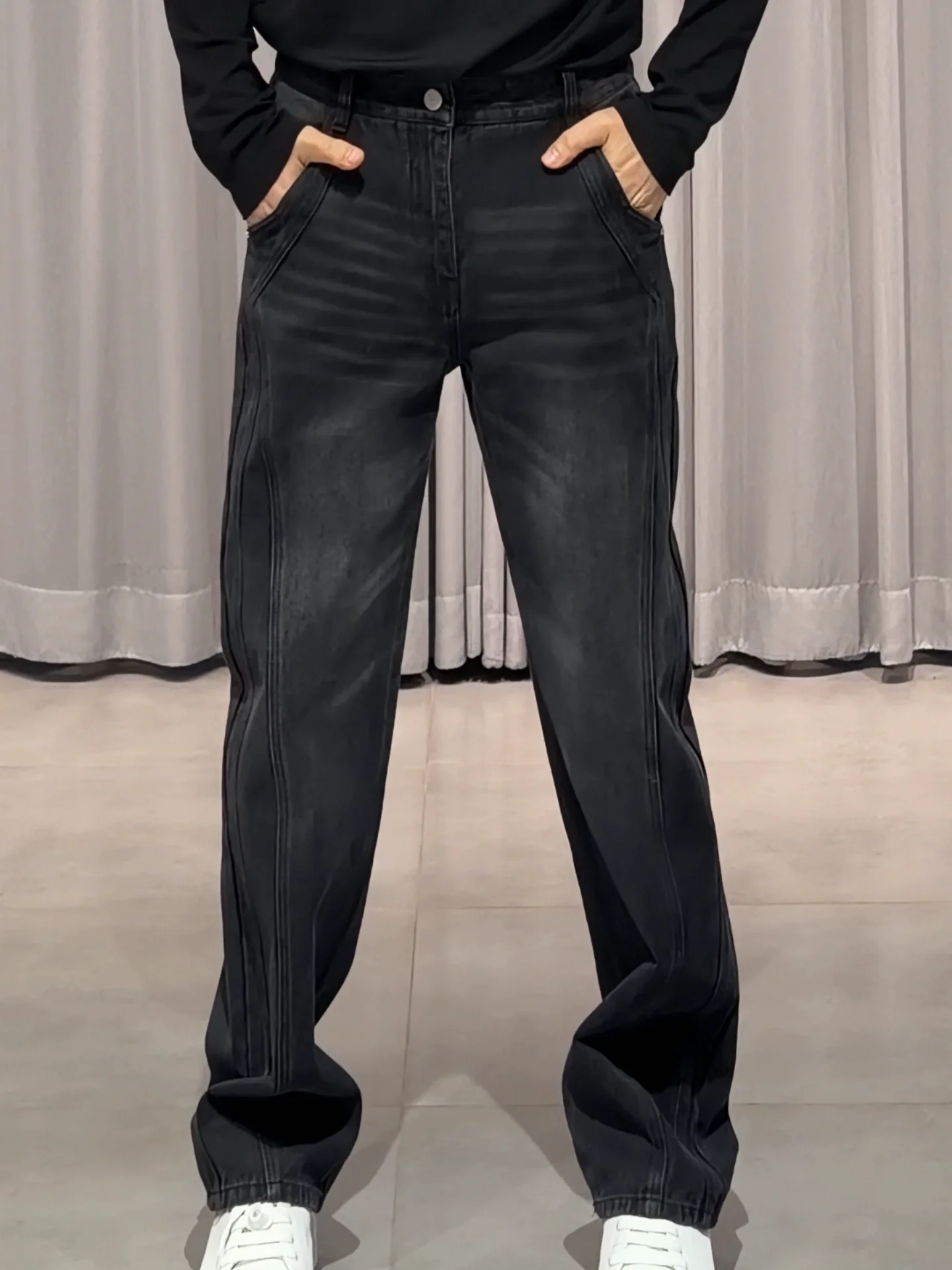 

Мужские прямые повседневные брюки из полиэстера, однотонные, класса люкс, неэластичные, с широкими штанинами, новинка зимы