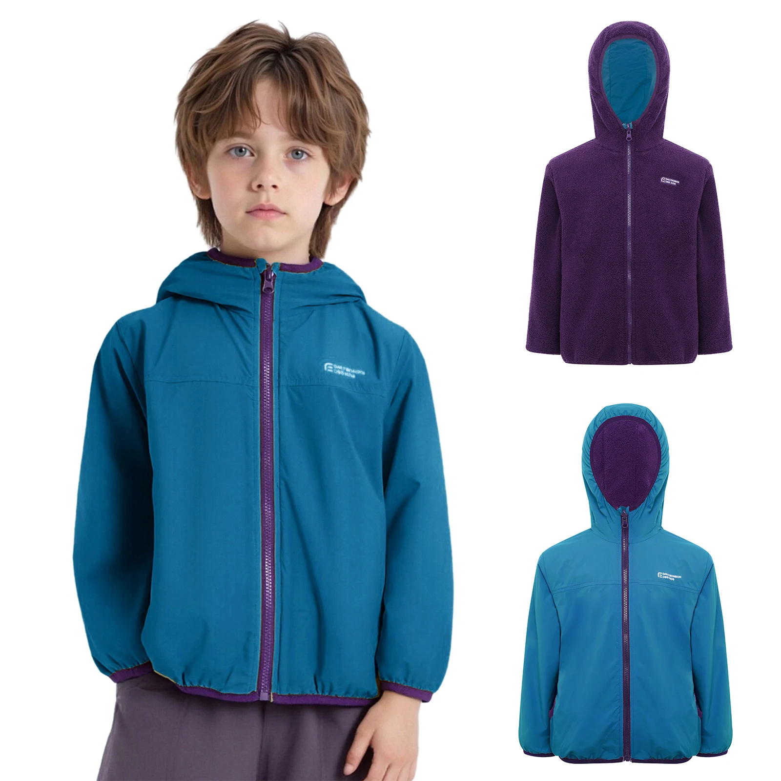 

Kids Boys Girls Reversible Water-Resistant/Fleece Hooded Jacket Long Sleeves Zipper Coat Outerwear for Outdoor Casual Clothes