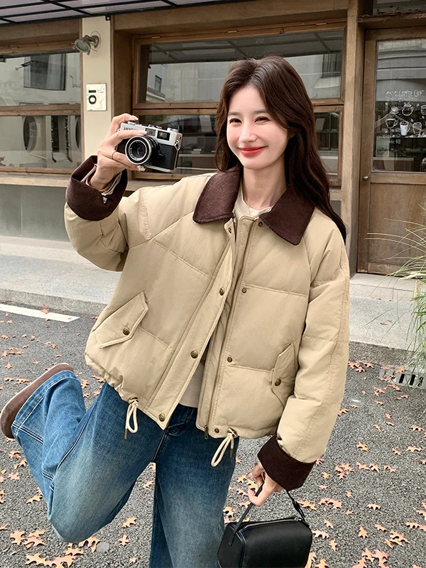 Veste d'hiver en duvet pour femme i Color Blo ort, style décontracté, petite taille, vêtement d'extérieur à cordon, blanc, duvet chaud