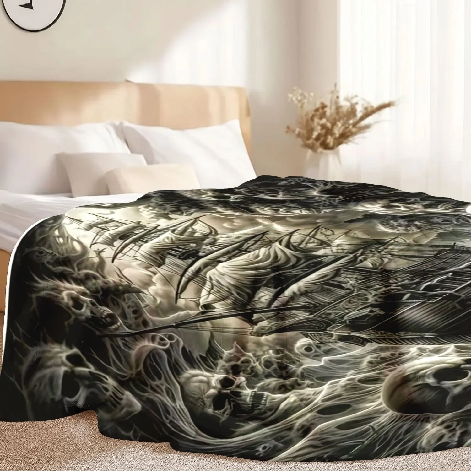 Gothic Skull Pirate Ship Blanket Throw Large Halloween Horror Art Cozy Decor 150x200cm Macabre Skeleton Wrap