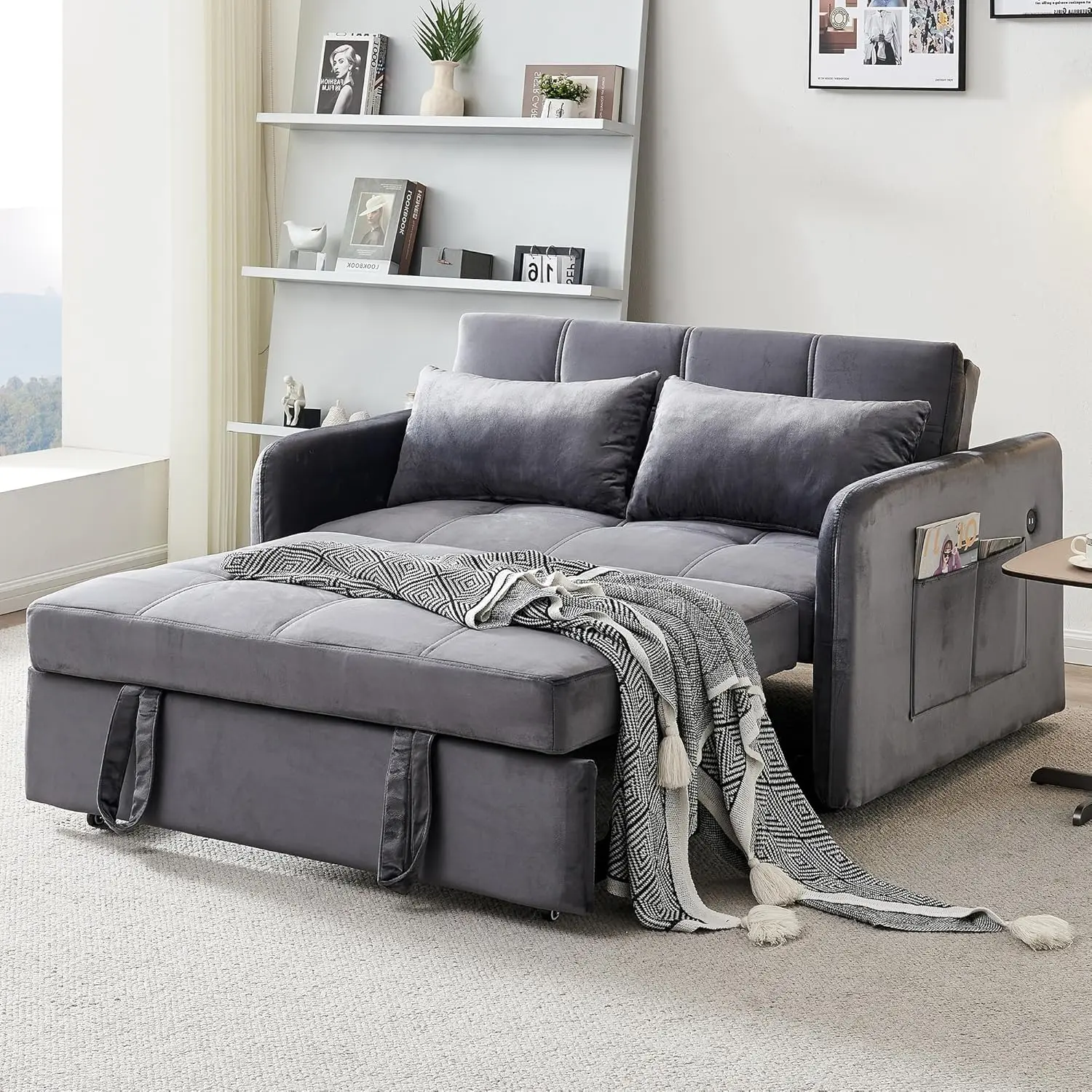 

Pull Out Couch with USB Ports 55.6'' Sleeper Sofa Bed w/ Adjustable, Reclining Backrest, Storage Pockets, Velvet Modern Loveseat