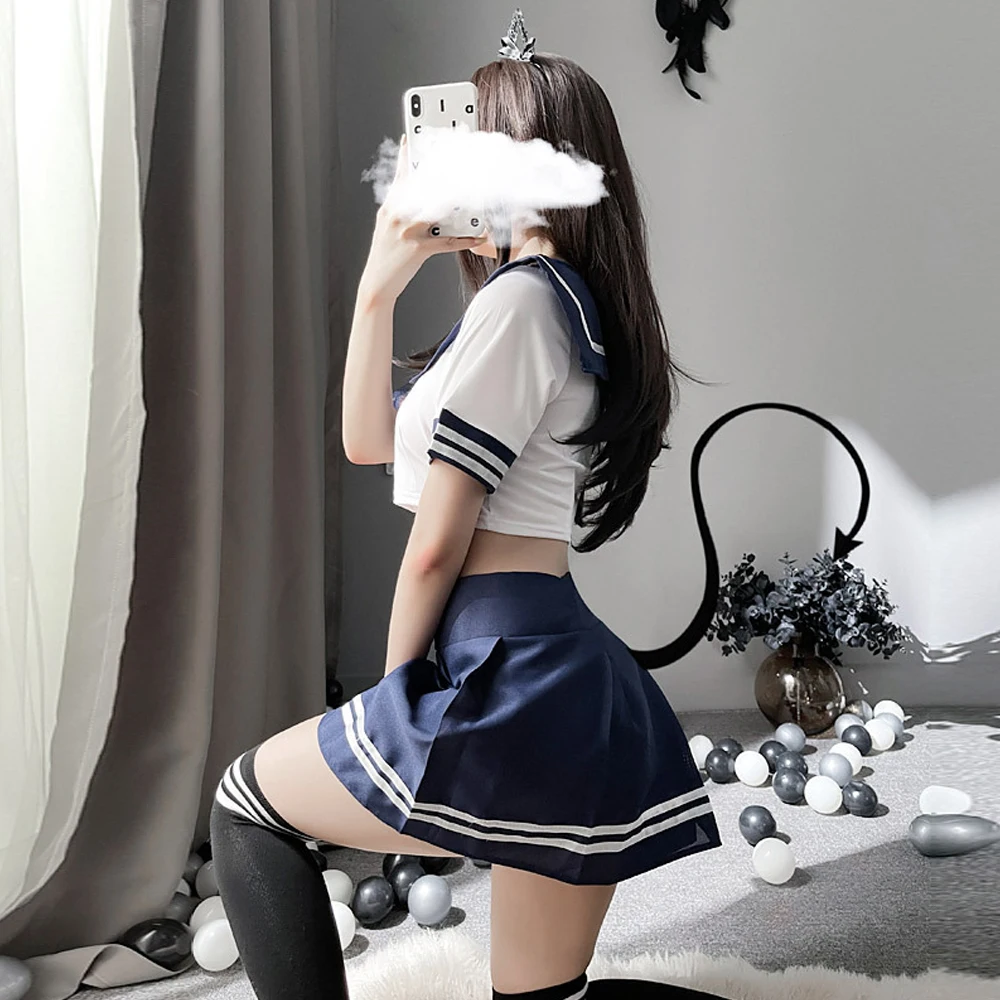 Kawaii Women Sexy Lingerie Student Uniform School Girl Cosplay Erotic Costume Dress Short Top Lace Miniskirt Outfit