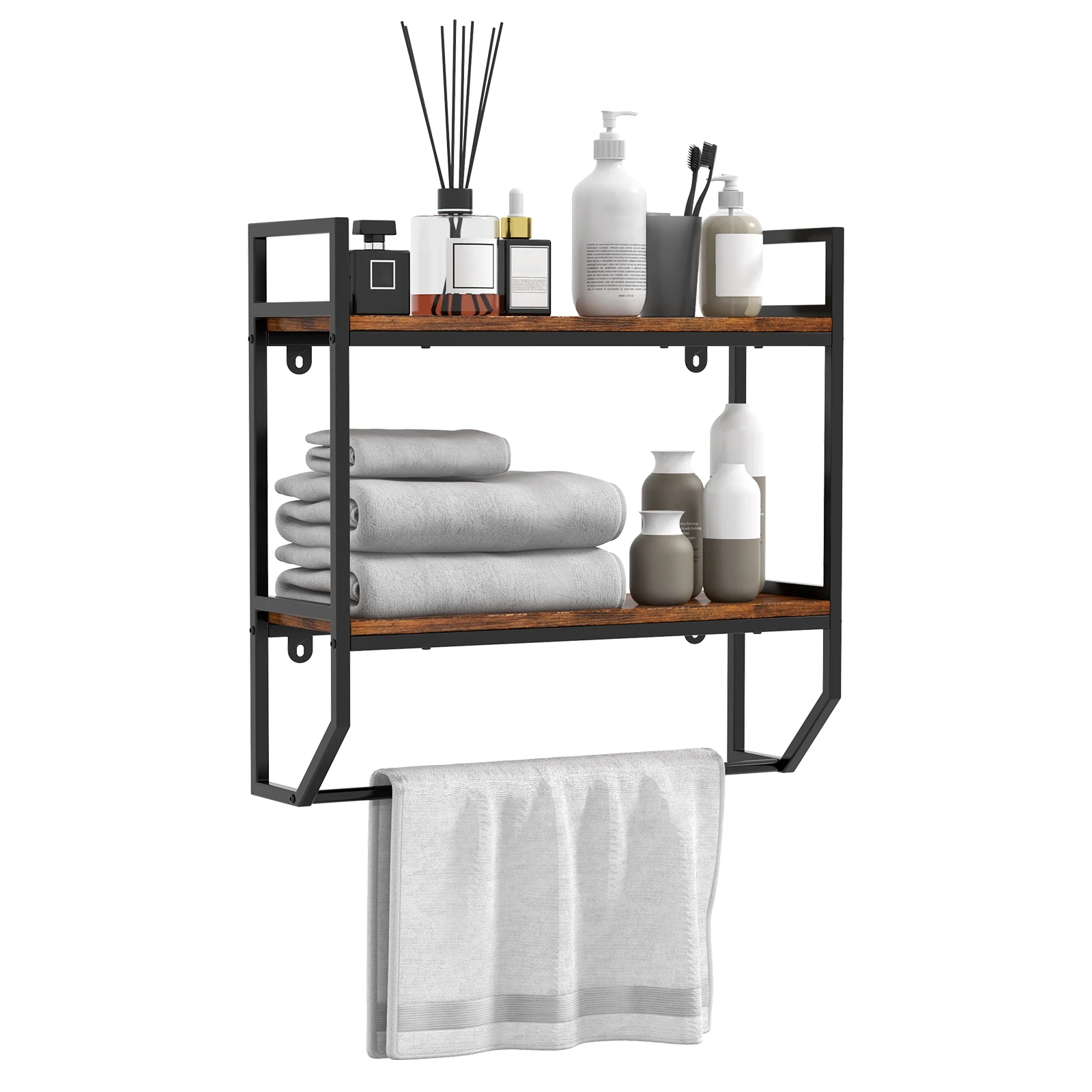 

Wall Mounted Bathroom Shelf Industrial 2-Tier Storage Rack w/ Towel Bar Kitchen