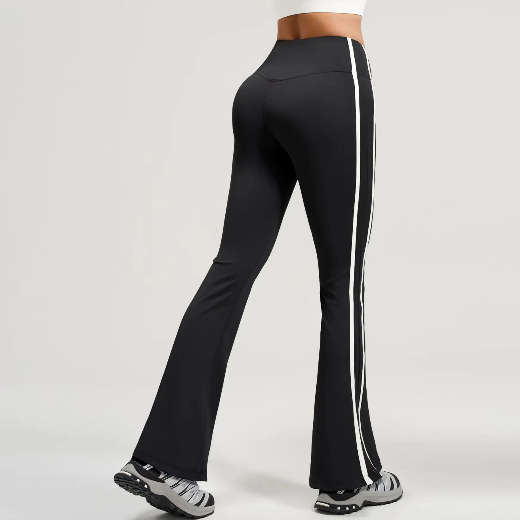 Women High Waist Striped Flare Yoga Pants Butt Lift Stretch Bell Bottom Leggings Casual Sports Fitness Workout Running Trousers