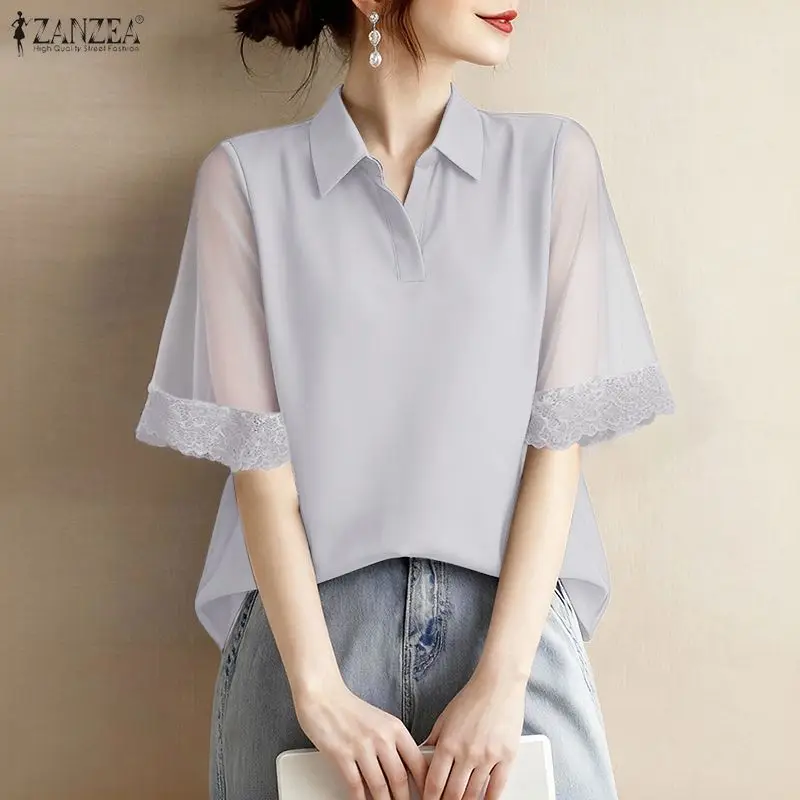 

2026 ZANZEA Women Elegant Short Sleeve Work Blouse Summer Fashion Shirt Stylish Lace Patchwork Tops Solid Hollow Out Tunic Femme