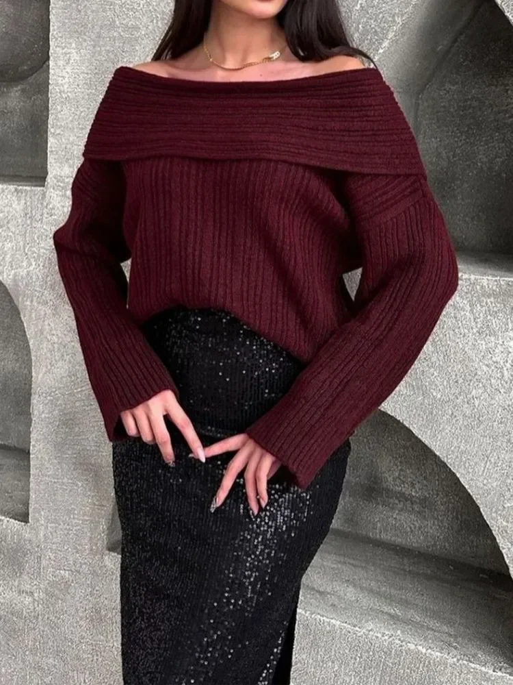 Pull Surdimensionné à Manches sulfet Épaules Ouvertes pour Femme, Couleur Bordeaux, Blanc, Collection Automne-Hiver 2024