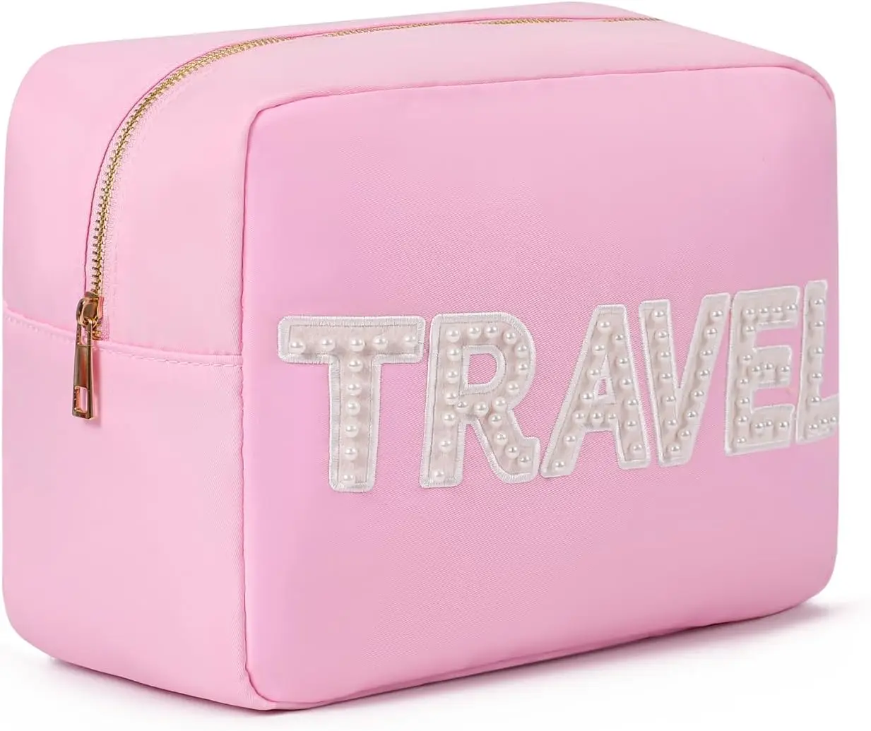 Travel Big Makeup Pouch for Women Girls, Pearl Letter Patches Pink Cosmetic Toiletry Bag with Zipper, Waterproof Nylon