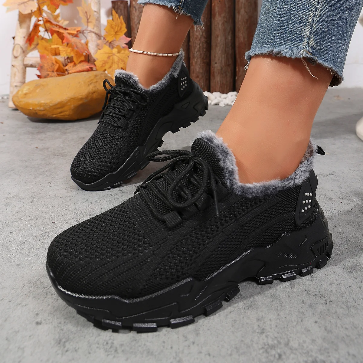 Damen Winter-Sneaker mit Fleecefutter, Rutschfeste Gepolsterte PVC-Sohle, Waschbare Stoffoberfläche, Lässige Laufschuhe