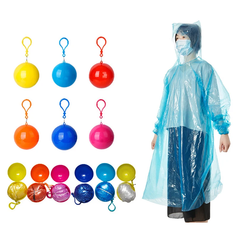 New 1PC Portable Raincoat Colorful Ball Rain Poncho With Keychain Waterproof Outdoor Hiking Camping Adults Rainwear Keyring Ball