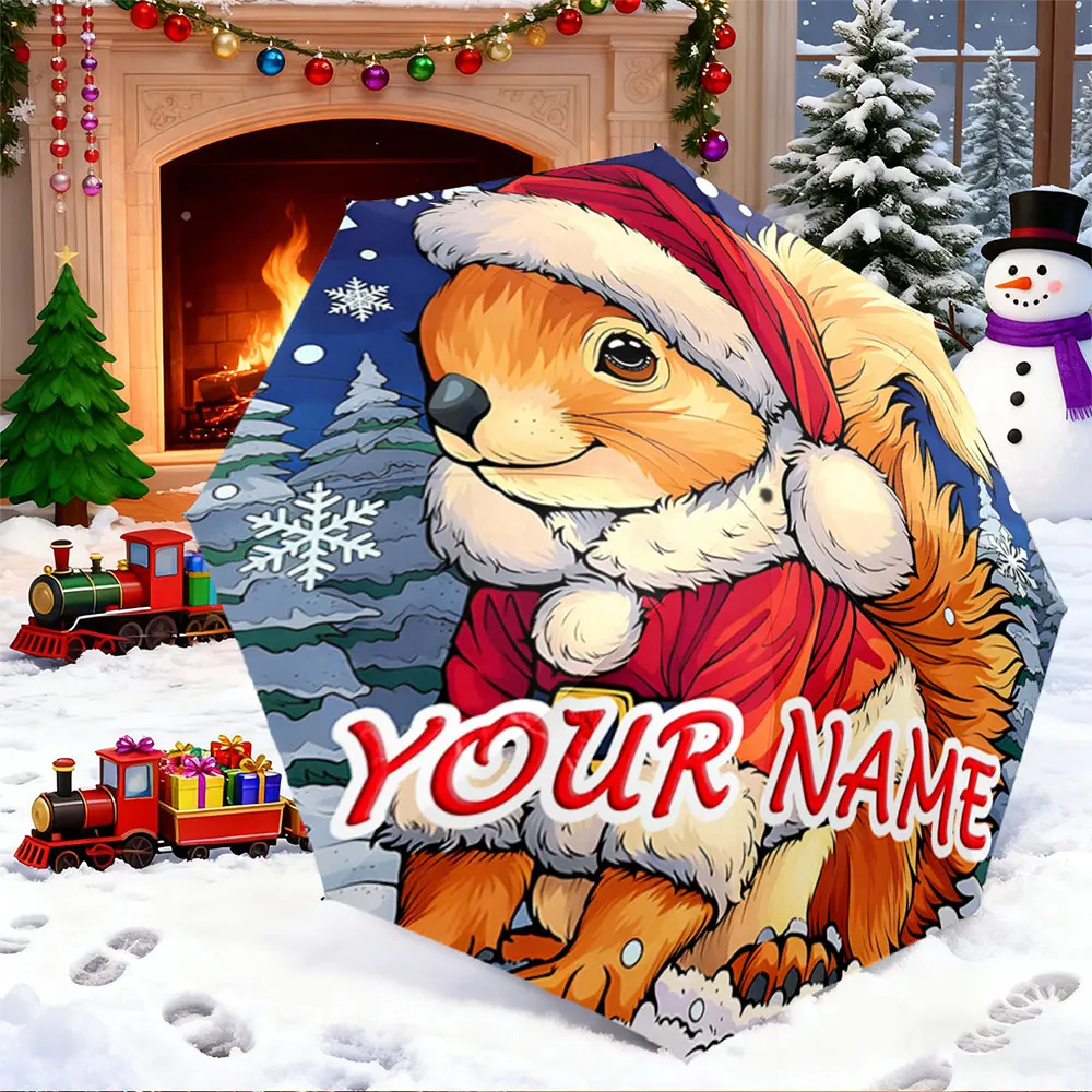 Custom Name Umbrella， Christmas Squirrel with Santa Hat and Snowy Forest Background ,Portable Folding Umbrella, Christmas Gift