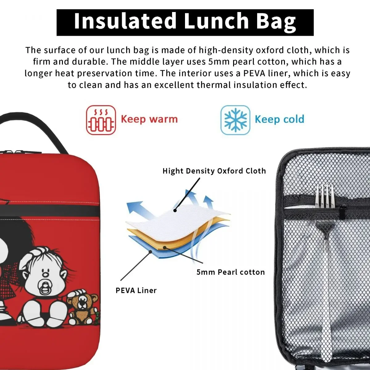 Kawaii Hermanos Mafalda Merch Insulated Lunch Bags For School Office Cute Comics Food Bag Portable Cooler Thermal Lunch Boxes