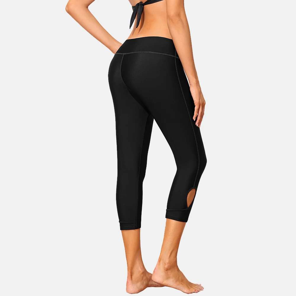 Anfilia Women Swimming Trunks Cutout Solid Swim Capris Leggings Built in Briefs UPF 50+ High Waist  Skin Friendly Tankini Bottom