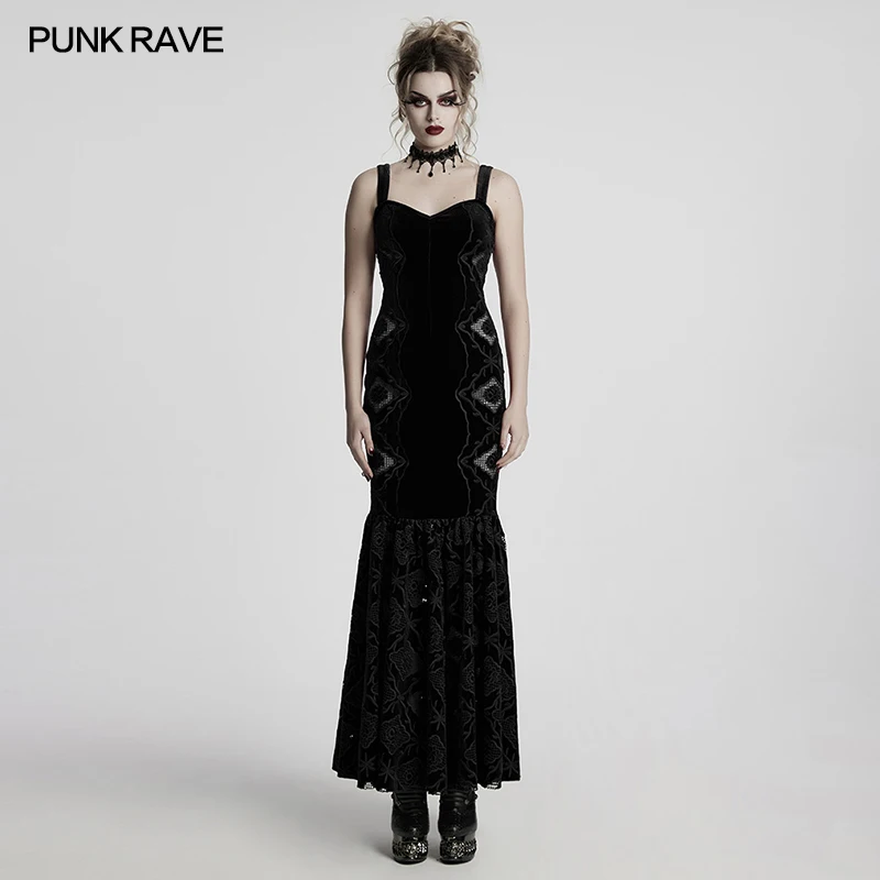 PUNK RAVE Women's Gothic Retro Velvet Embroidered Dress Sleek Elegant Cutting Pleated Hem Drawstring Party Club Long Dresses