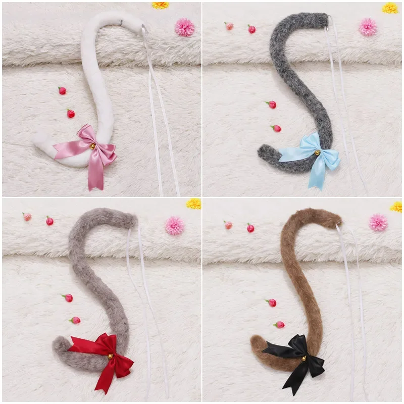 Kawaii Cat Tail Plush Faux Fur Cat Tails Cosplay Costume Props Lolita Ribbon Bow Bell Tails JK Girl Halloween Party Role Play