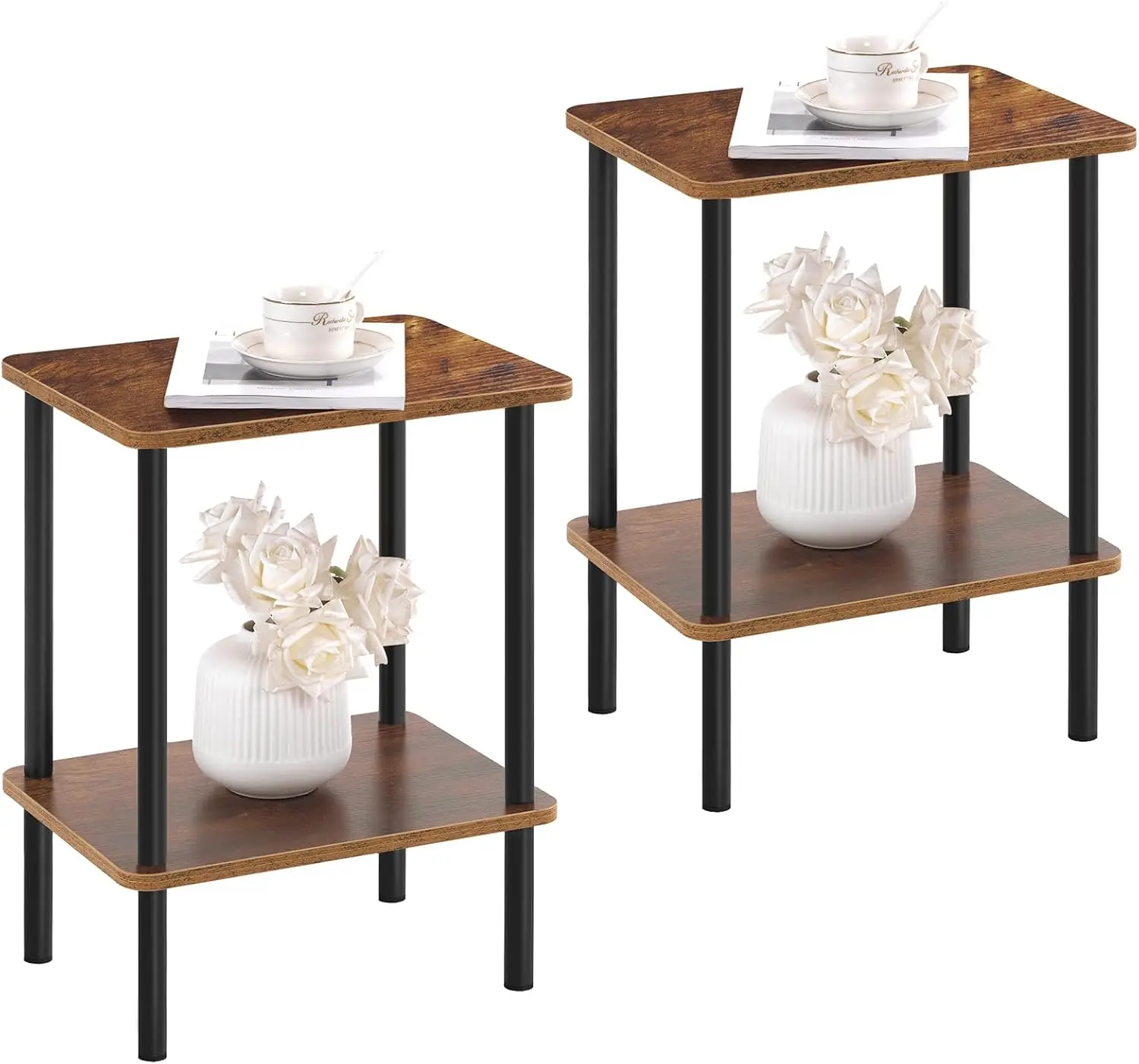

2 Tier End Table Set of 2, Small Side Table with Solid Wood Legs, Boho Bedside Table with Storage Shelf, Nightstand for Small