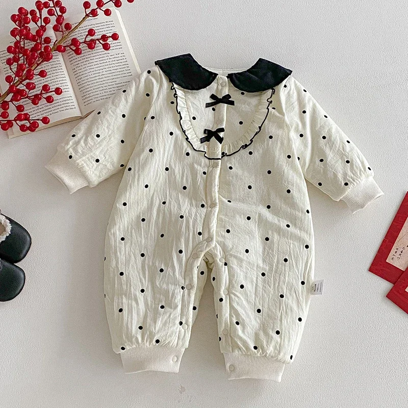 2025 New Winter 0-24M Infant Baby Girls Jumpsuit Long Sleeves Dot Print Toddler Baby Girl Thicken Warm Romper Children Clothing
