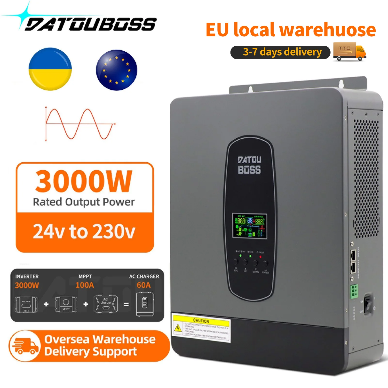 

DATOUBOSS Solar Hybrid Inverter 3000W 24V MPPT 20-500Vdc Pure sine wave inverter for charging Li-ion batteries with off grid