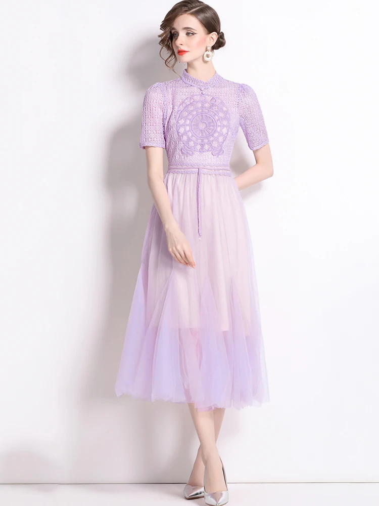 Purple Embroidery Lace Mesh Dresses Spring Women Hollow Out Sheer Long Dress Summer High Waist Round Neck Short Sleeved Dress
