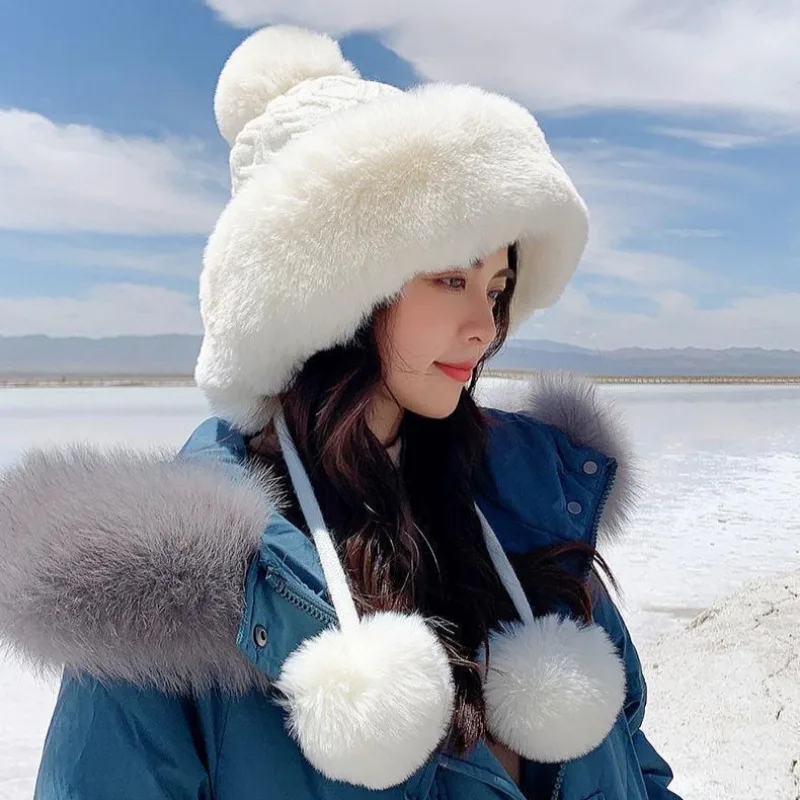 Autumn Winter New Women Fashion Imitation Rabbit Fur Hats Mongolian Hat Brimless Cute Thick Plush Fluffy Skiing Riding Warm Caps