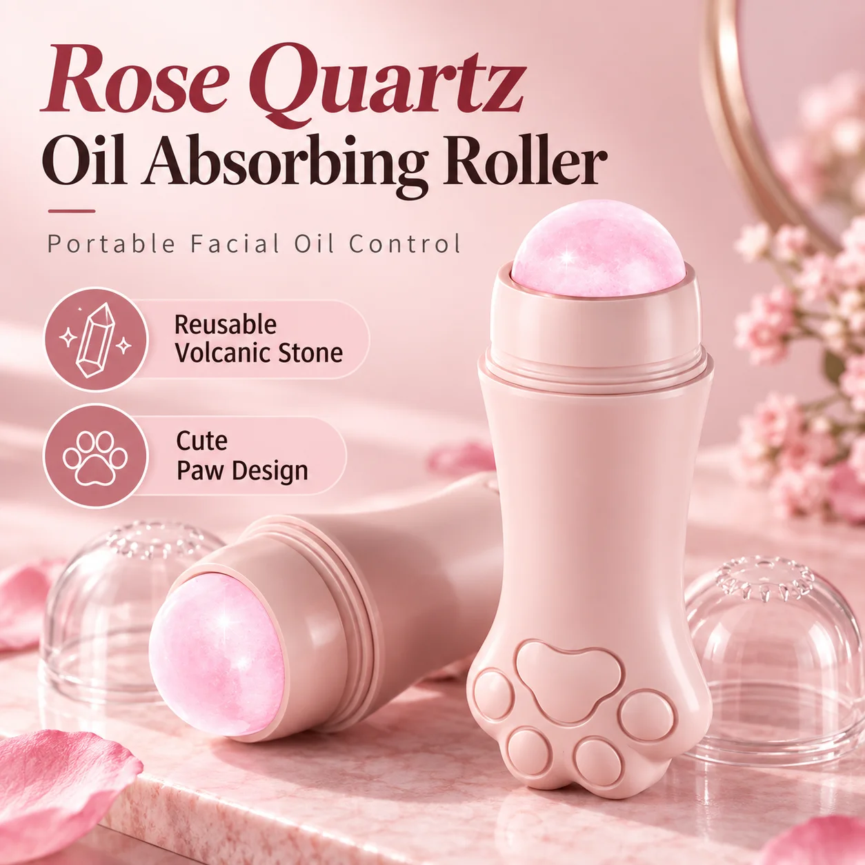 Natural Volcanic Stone Oil Absorbing Roller Facial Massage Tool Cat Paw Design Portable Face Oil Control Roller Makeup Friendly