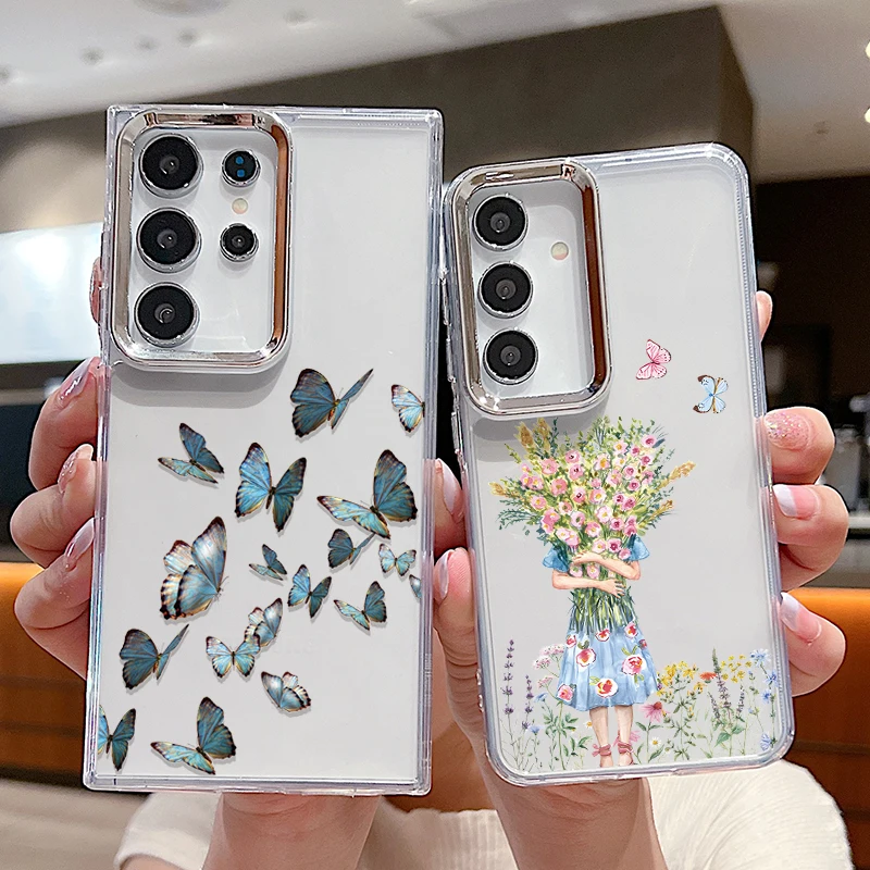 Plating Lens Clear Butterfly Case For Samsung Galaxy A55 A54 A35 A25 A15 5G A52 A53 A34 A14 S20 S21 FE S22 S23 S24 Ultra Capa