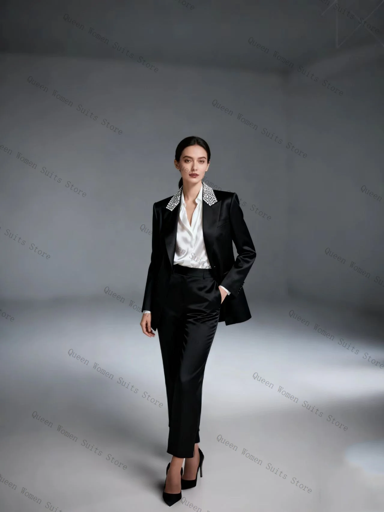 

Black Women Suit Set 2 Pcs Crystals Blazer+Pants Trousers Formal Business Office Lady Jacket Guest Wedding Prom Coat Customized