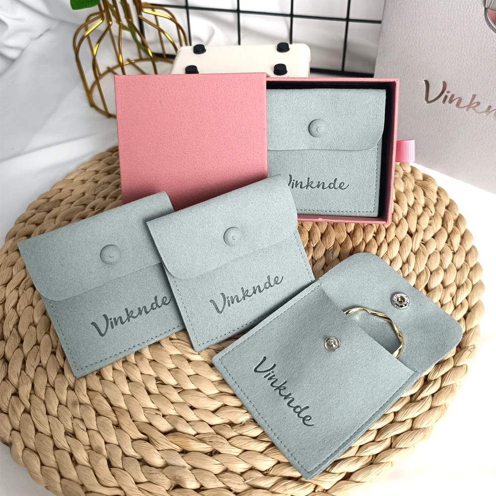

Custom Logo Luxury Necklace Packaging Bag Microfiber Velvet Jewelry Pouch with Button Earrings Wedding Earrings Rings Organizer