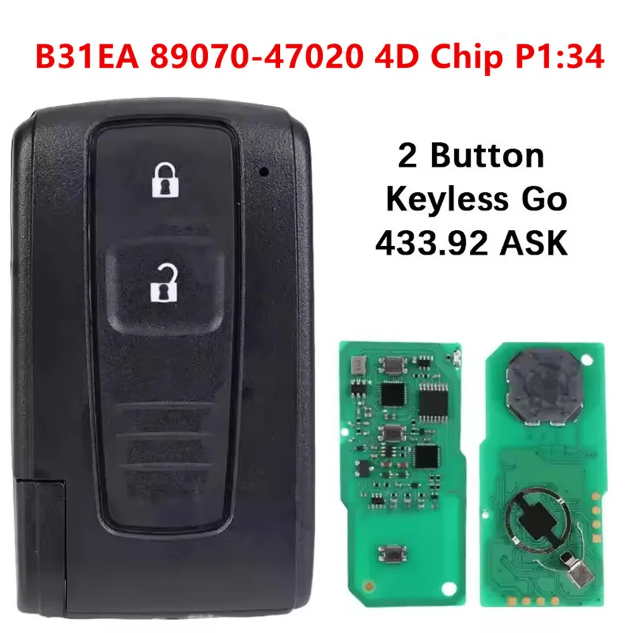

KEYECU Replacement Smart keyless Remote Key FOB 2Buttons 433MHz 4D70 Chip 89904-47020 B31EA for Toyota Prius 2004-2009