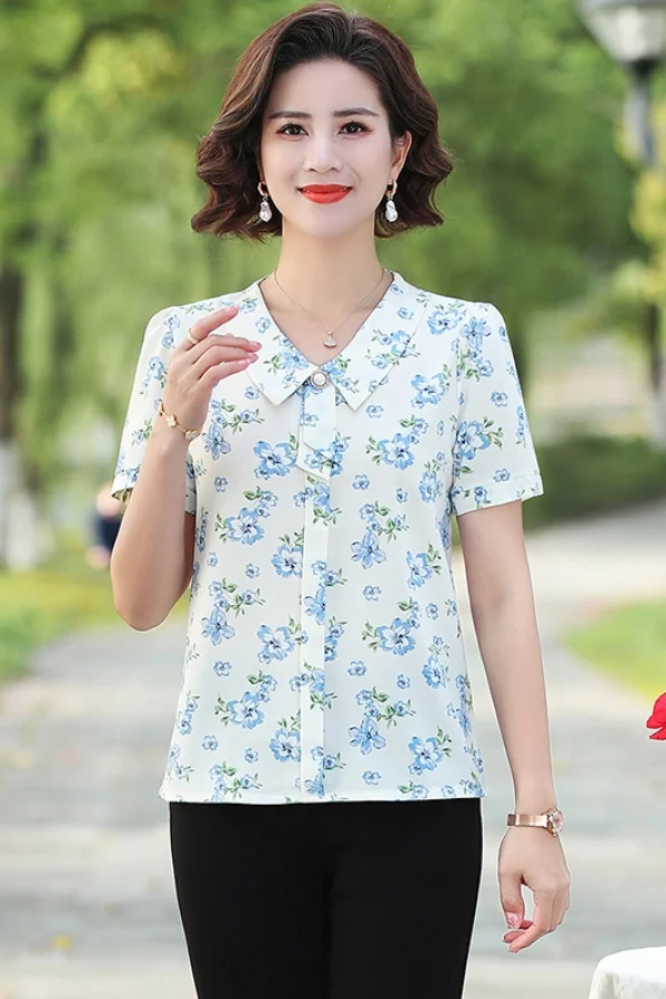 

Summer Fashion Temperament Small Shirt Middle-aged and Elderly Women's Short-sleeved Chiffon T-shirt