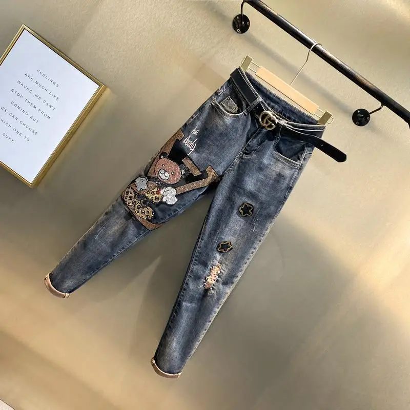 Neue Herbst Winter Frauen Denim Hosen Heißer Dirlling Stickerei Hohe Wiast Harem Hosen Waschen Cartoon Stretch Bleistift Jeans für Dame