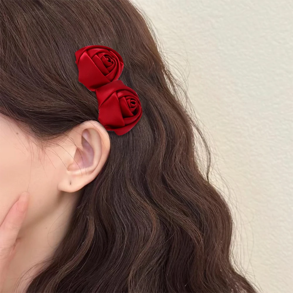 2pcs Red Rose Bridal Hair Clips for Girls Satin Flower Floral Hairpin Wedding Party Mother's Day Valentine's Day Gift