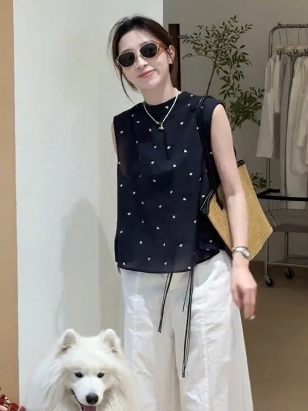

plus Size Korean Style Printed Sleeveless Shirt Women's Summer Fashion Black Top Slimming Top for plus Size Women