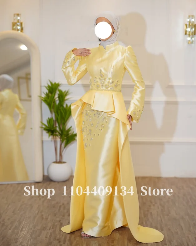 Yellow Satin Malay Wedding Gown High Neck Long Sleeve Sparkle Crystal Embroidery Peplum Flared Train Bridal Dress Customized