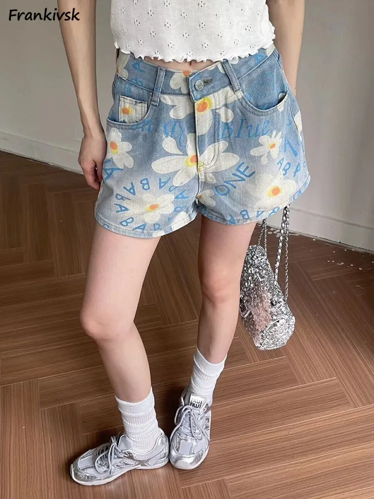 

Shorts Women Floral Summer Vintage Korean Style Fashion Sweet Denim Trousers High Street Chic Schoolgirls All-match Casual Beach