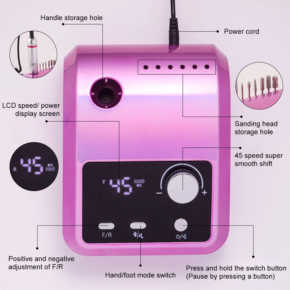 고품질 전기 네일 드릴 머신 45000 RPM 전기 파일 HD 디스플레이 금속 매니큐어 펜 전문 네일 선반 샌더