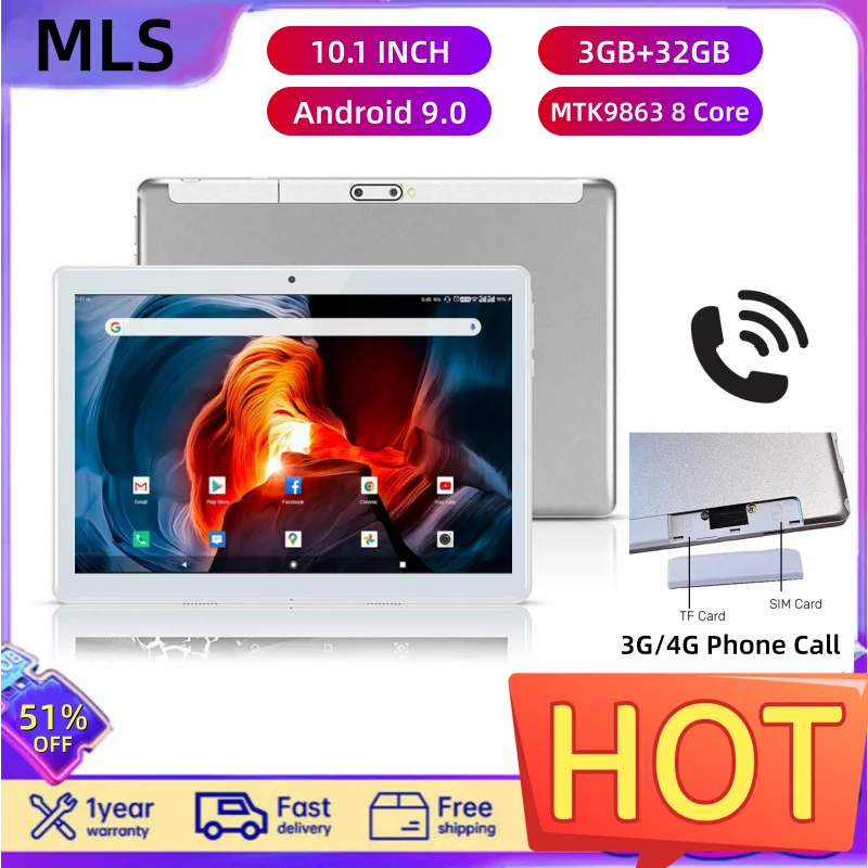 Type-C 10.1 INCH Android 9.0 3G/4G Phone Call Tablet 3GB RAM 32GB ROM 1280*800 IPS MTK9863 Octa Core GSM 5000mAh Sim Cards * 1