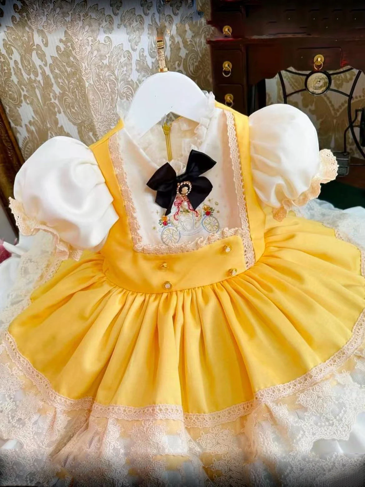 Baby Girl Summer Pumpkin Carriage Flower Embroidery Yellow Turkish Dress for Birthday Holiday Photography Eid Party Casual B251
