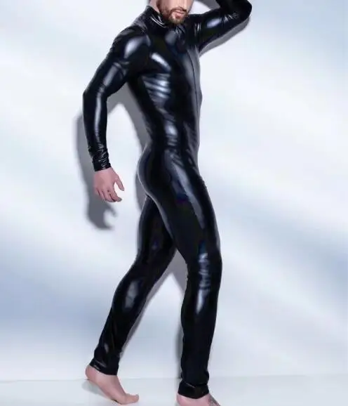 S-5XL Mens Undershirts PU Leather Catsuit Front Zipper Over Crotch Bodysuit Fetish Costume Nightclub Leotard Wrestling Singlet