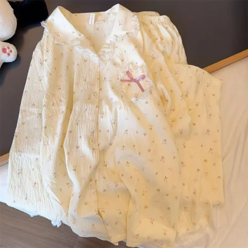 

Spring Sweet Princess Style Lace Bow Cloud Cotton Long Sleeve and Long Pants Cardigan Pajamas for Women Cute Homewear Set