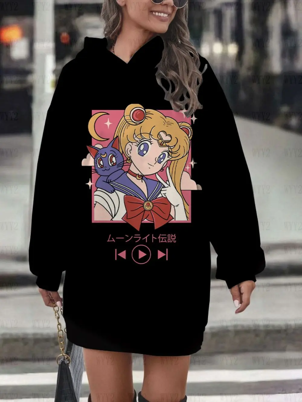 Anime Sailor Moon series printed women\'s hoodie dress versatile hooded slimming sportswear long sleeve autumn and winter style