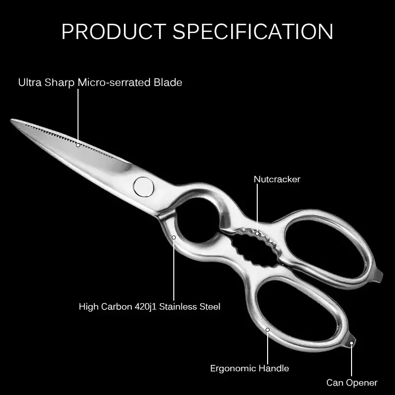 Kitchen Household Stainless Steel Scissors Ultra-sharp Micro-serrated Poultry Scissors Meat Fish Chicken Cooking Scissors Tools