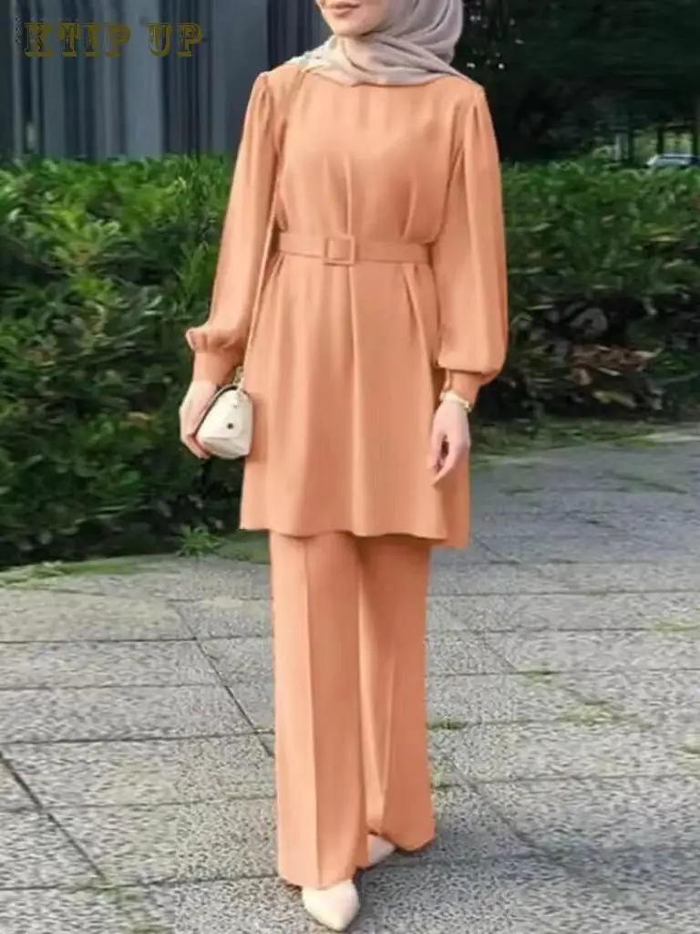 Dubai Eid Mubarek Outfit Fashion Suit Turkey Abaya Causal Pant Sets Muslim Long Sleeve Blouse Trouser Suit Women Matching Sets