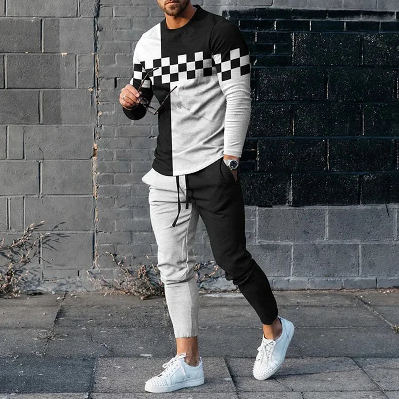 Sweatshirt Suit Men\'s Striped 3D Printed Simple All-in-one Sweatshirt Suit Spring Autumn Jogging Roundneck Sweatshirt Sets