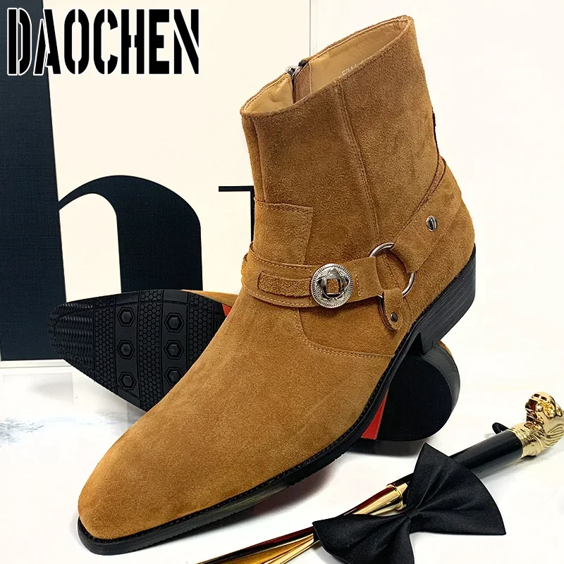 Luxury Men Ankle Boots Shoes High Zipper Chelsea Boots Slip On Leather Shoes Casual Men Dress Shoes Suede Men\'s Boots