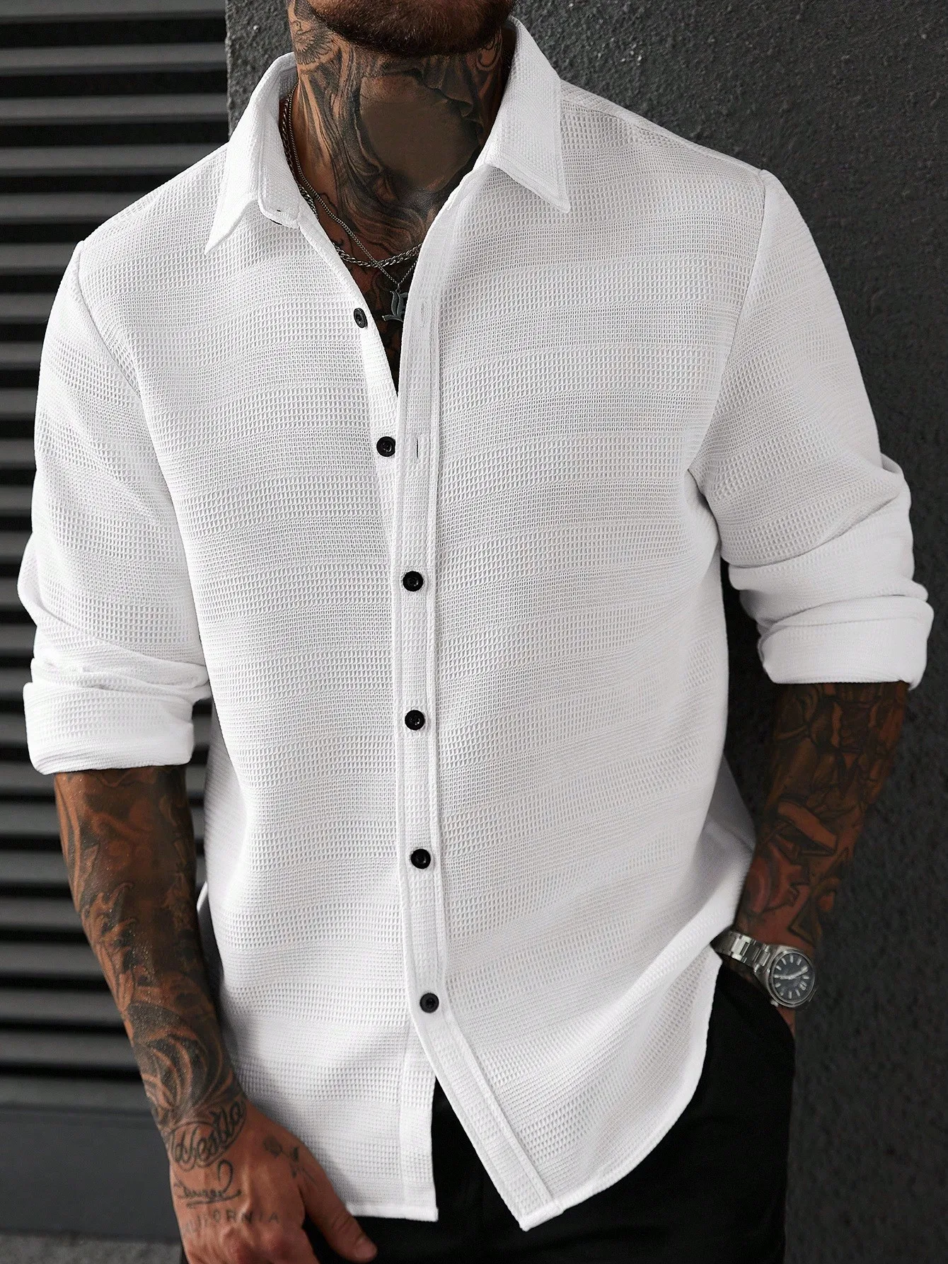 

Men's White Waffle Knit Long Sleeve Casual Shirt for Fall