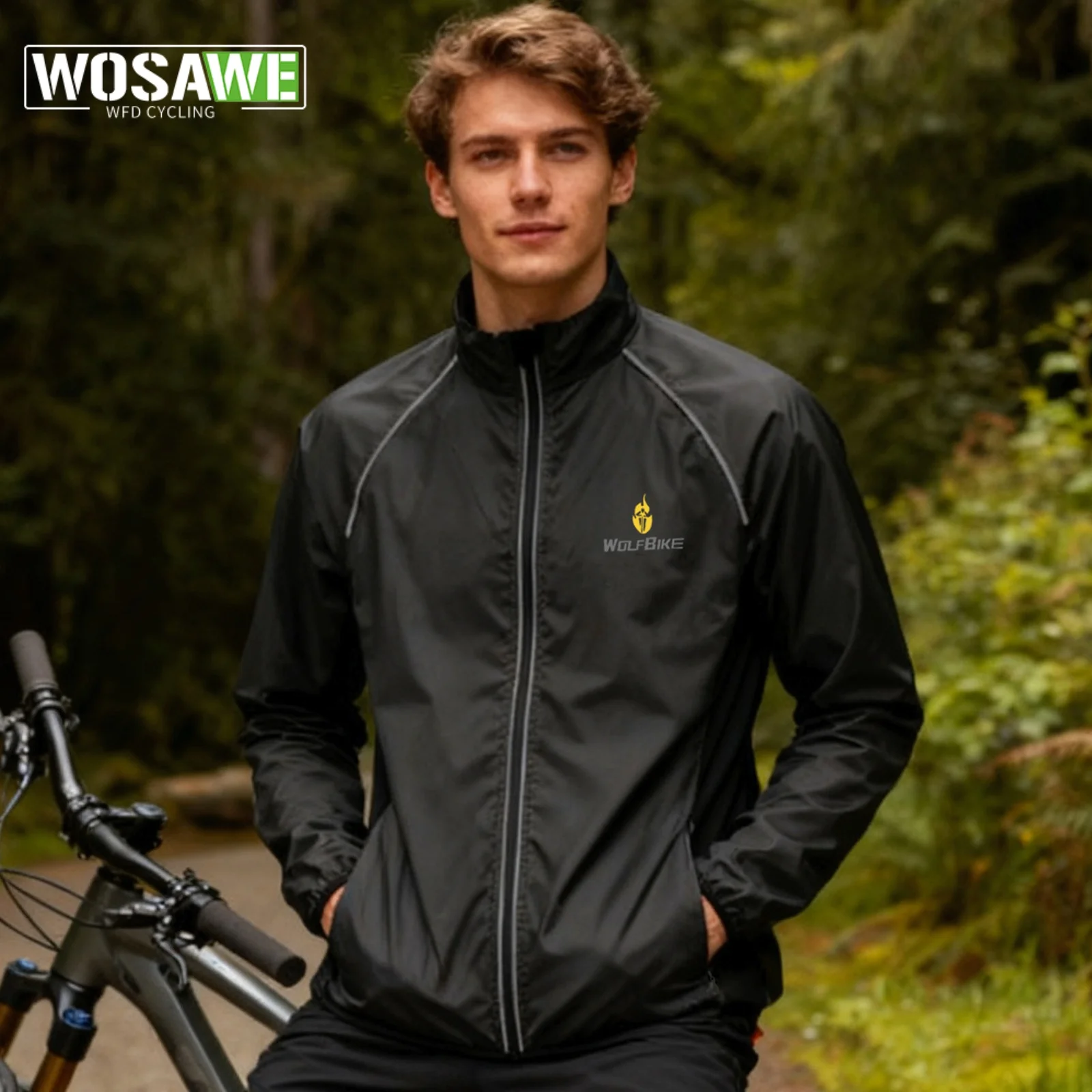 WOSAWE Men Windproof Waterproof Reflective Cycling Jacket MTB Bicycle Long Sleeve Windbreaker Sleeveless Vest Bike Coat Jersey
