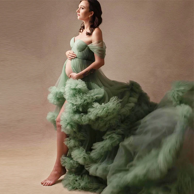 Green Maternity Dresses For Photoshoot Sexy Off The Shoulder Tiered Ruffles Tulle Pregnant Prom Gowns Babyshower Custom Made