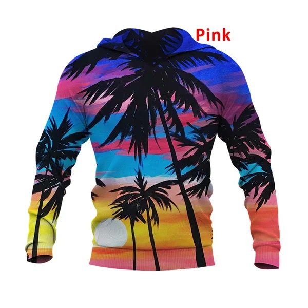 Yaz renkli Hawaiian Palm Motif 3d baskı uzun kollu kişilik Hoodies Hip Hop kazak gömlek