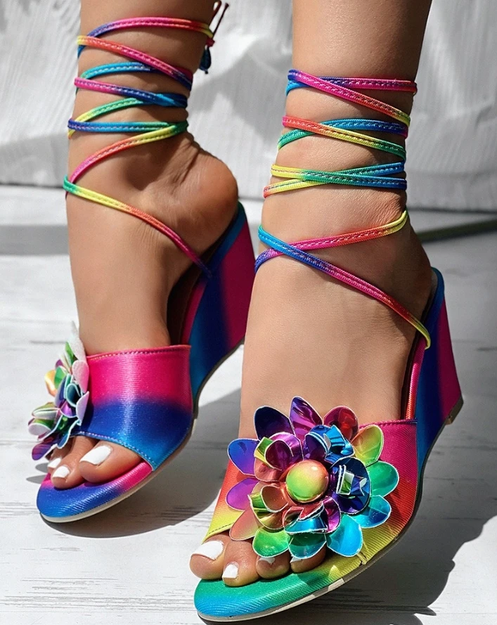 Rainbow Ombre Floral Pattern Strappy Wedge Sandals