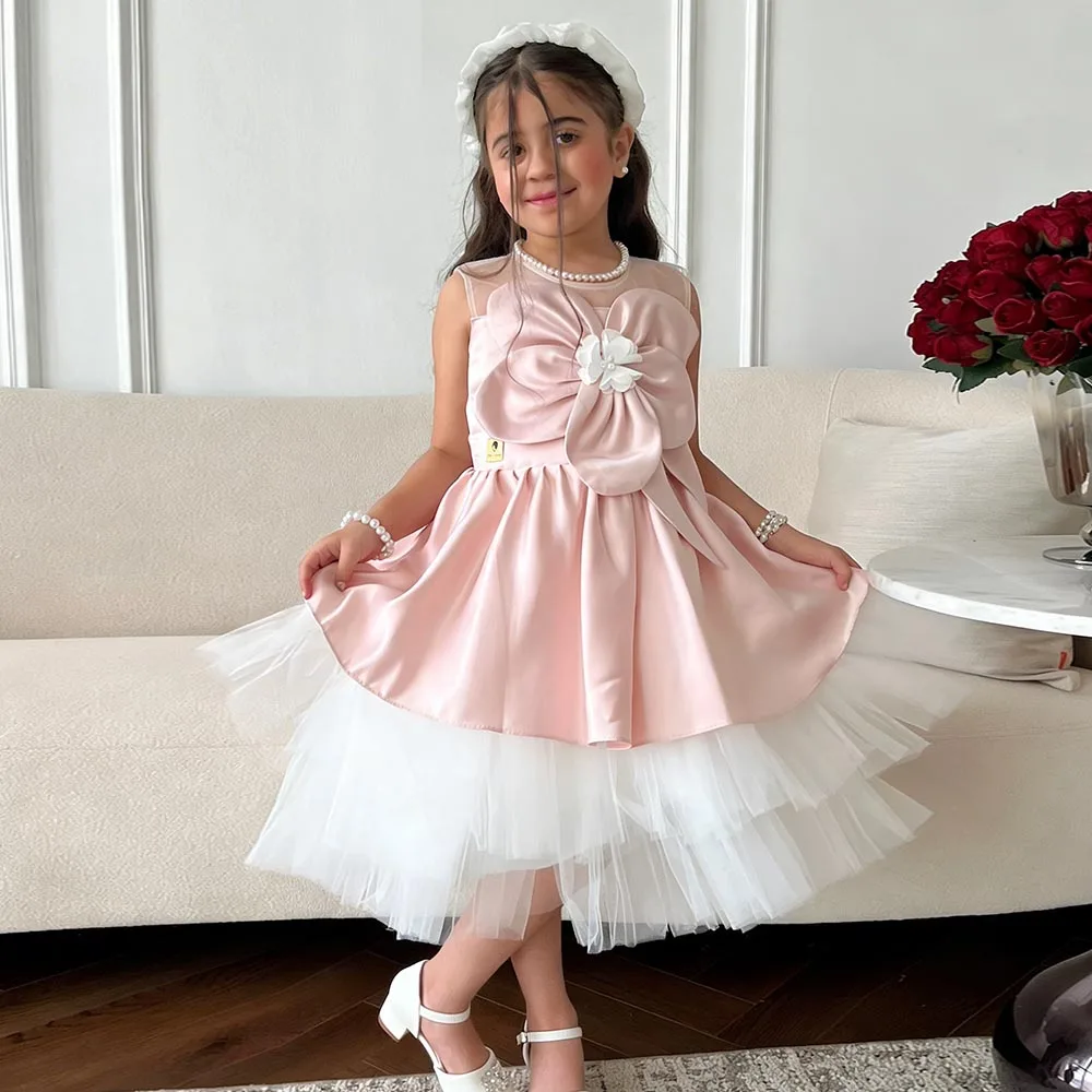 

Pink Chic Flower Girl Dresses A-line Dress For Girls Satin Birthday Dress Midi Puff Girl Princess Dress Cute Kids' Dresses